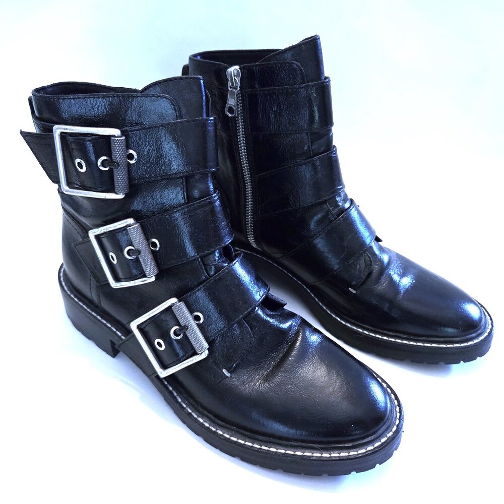 NWOT Rag & Bone Black Patent Leather Canon Buckle Ankle Moto Boots Size 37.5